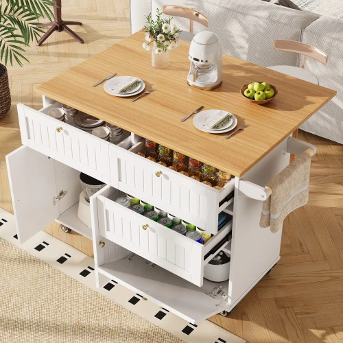 Modern Kitchen Island Table, Kitchen Cabinet, Self-Service Cabinet, Grained Wood Dining Cart, Self-Service Cabinet, Multifunctional Dining Table With Storage Space, Dining Cart With Telescopic Functional Cabinet, White - White - View 1