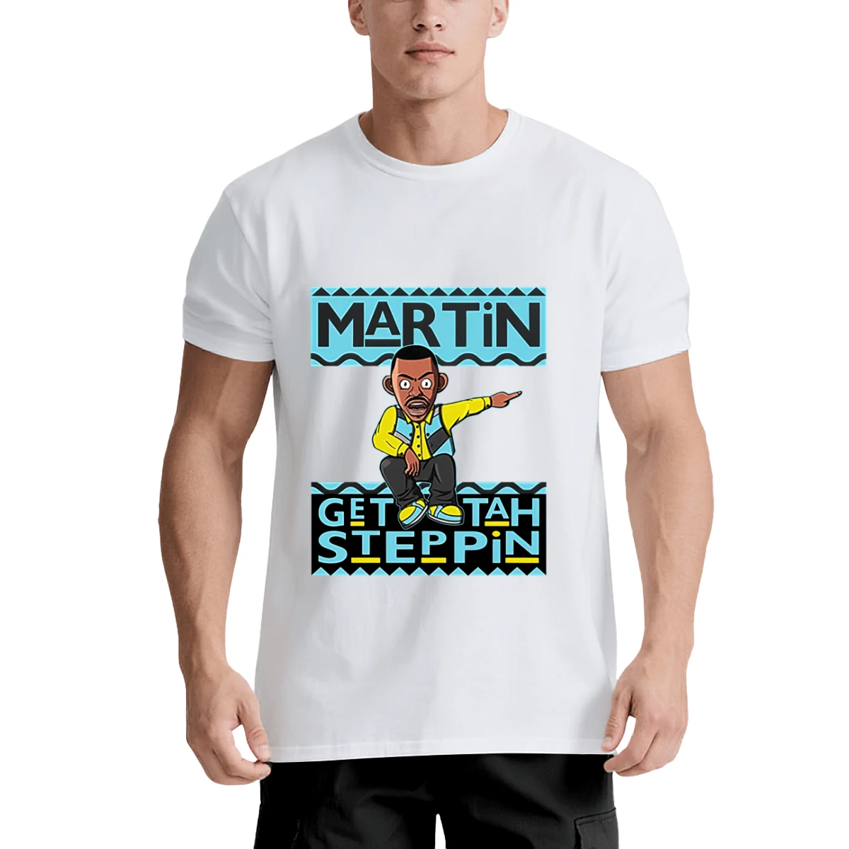 A Get Tah Steppin Cartoon Character Embellished Retro Typography Comfortable Crew Neck Men Shirt All Season Casual Wear 90s Themed Parties And TV Show Related Events Men Size S-3XL - White - View 1