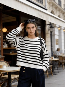 Black & White Striped Minimalist Loose Knit Sweater, Women's Casual Crew Neck Pullover, Basic Style For Spring - Black and White - View 4