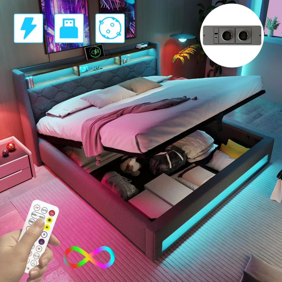 Bed 140X190 CM With Slatted Frame, Double Bed Storage Space With LED And USB, Hydraulic Bed 140 X 190 With Storage Space Under The Bed, 2-Person Bed, Gray - 查看 1