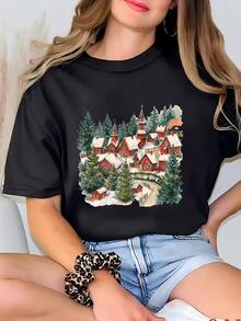 Camiseta De Navidad Village, País De Las Maravillas De Invierno, Camiseta De Navidad Para Mujeres, Camiseta De Invierno Familiar, Camiseta De Granja De Navidad, Camiseta Amante De Invierno Camiseta - Negro - Ver 1