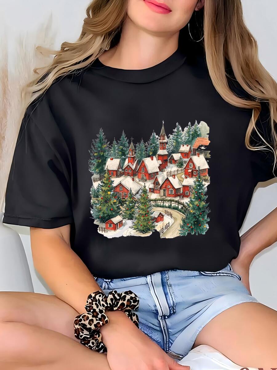 Camiseta De Navidad Village, País De Las Maravillas De Invierno, Camiseta De Navidad Para Mujeres, Camiseta De Invierno Familiar, Camiseta De Granja De Navidad, Camiseta Amante De Invierno Camiseta - Negro - Ver 1