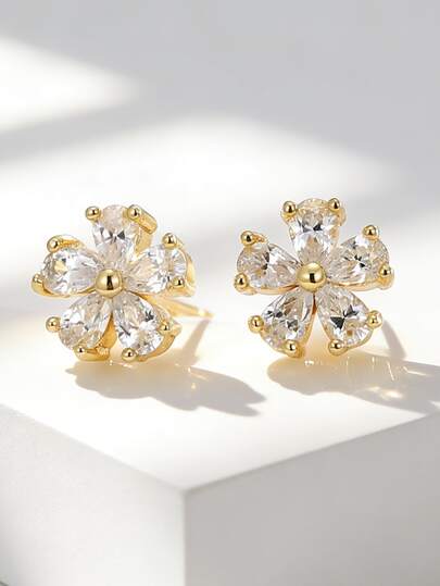 Women's Gold-Plated Zirconia Flower Stud Earrings, Minimalist Elegant Style, Suitable For Daily Commute/Work, A Fashionable Gift