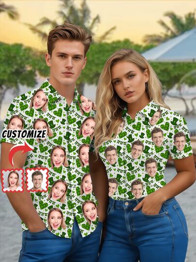 1pc Customizable Men's Summer Shirt, Upload Personal Photos, Button-Down Casual Shirt With Funny Face Design, Festive Casual Style, Suitable For Daily Casual Wear, Holiday Celebrations, Custom Men's Casual Dress Shirt, Perfect Gift For Friends, Significant Others, Family
