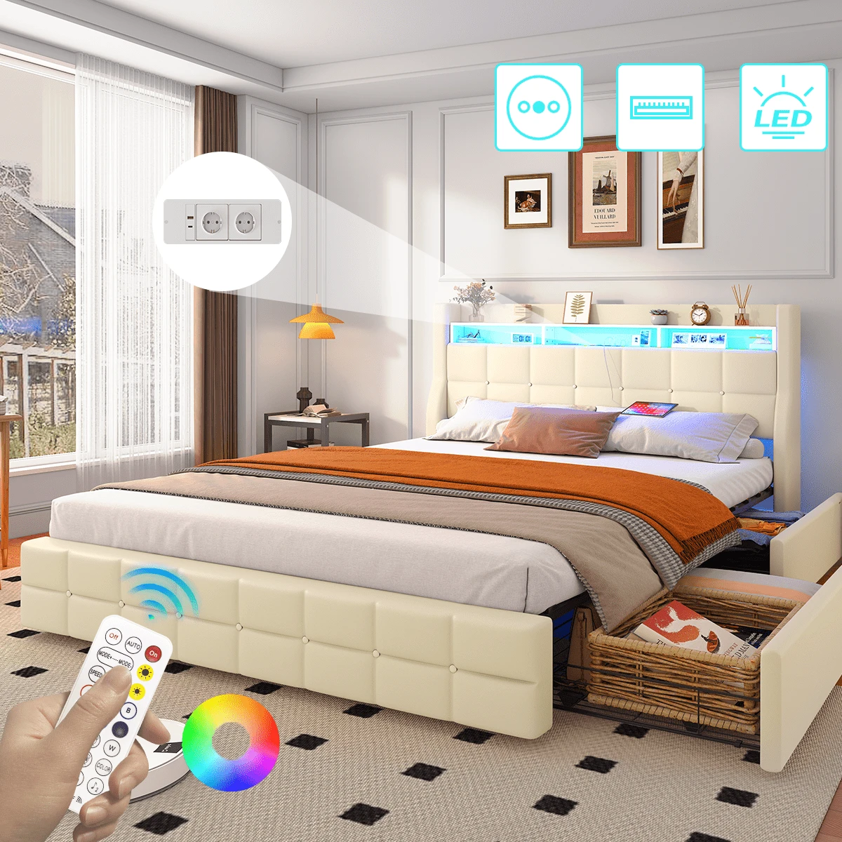 Upholstered Bed 140x190 Cm With 4 Drawers, With LED & USB, Storage Bed With Storage, 2 Person Bed, Metal Frame, Faux Leather, Beige - Màu be - Xem 1