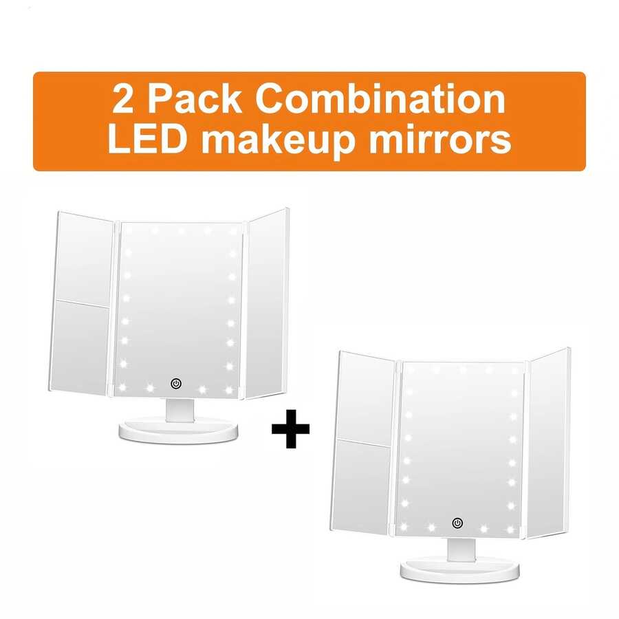 FASCINATE Lighted Makeup Mirror 2X/3X Magnification, Trifold Vanity Mirror With Lights, 21 LED Touch Dimming, Dual Power 180° Rotation Lit Beauty Table Mirror, Makeup Mirror With Lighting, White 2pcs - 白色兩個裝 - 查看 1