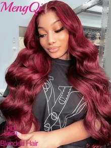 200% 密度波浪酒红色假发,13x4 高清透明蕾丝前假发,99J# 染色假发,无胶波浪假发,预先修剪的婴儿发和自然发际线,巴西原生发混纺假发,适合女性佩戴 - SBUG - 查看 2