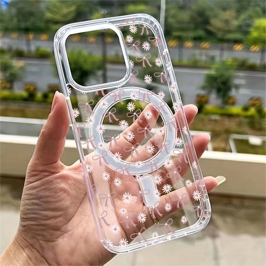 La pantalla está llena de lazos rosas y margaritas. Funda para teléfono impresa, paquete individual, material transparente de TPU + PC, compatible con carga inalámbrica magnética, a prueba de golpes, resistente a rayones, compatible con iPhone 17 Pro Max/17/17 Pro/17/11/12/12 Pro/12 Plus/13/13 Pro/13 Plus/13 Pro Max/14/14 Plus/14 Pro/14 Pro Max/15/15 Plus/15 Pro/15 Pro Max/16/16 Plus/16 Pro/16 Pro Max/16e, S25 Ultra/S24 Plus/S23+/S22/A35/A55/A15/A16/A36/A56/A26/A54/S25 Edge - transparente - Ver 1