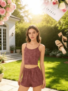 Women's Summer Casual Outdoor Camisole And Shorts Set - Red Violet - View 3