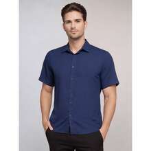 Men's Short-Sleeve Dress Shirt, Slim Fit, Plain, With Pocket - Xanh đậm - Xem 2