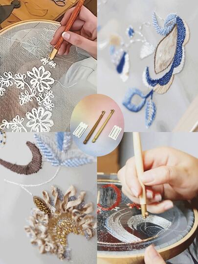 French Reverse Embroidery Crochet Set, 3 Replaceable Hooks, French Beading & Sequin Embroidery Craft Tools, Suitable For Floral Beading And Needlework Crafts, All Seasons