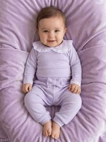 Baby Girl's Set: Bodysuit And Footed Pants With Bow And Lace, 100% Cotton, Baby Clothes 3 To 6 Months, Green, Pink, Lilac, Hypoallergenic, Tulle, English Embroidery - Màu Lilac Tím - Xem 1