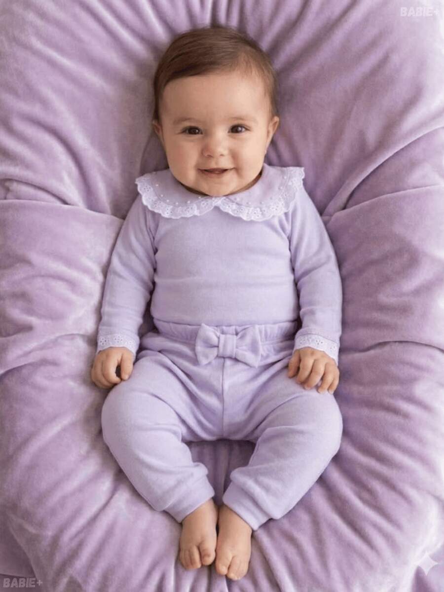 Baby Girl's Set: Bodysuit And Footed Pants With Bow And Lace, 100% Cotton, Baby Clothes 3 To 6 Months, Green, Pink, Lilac, Hypoallergenic, Tulle, English Embroidery - Màu Lilac Tím - Xem 1
