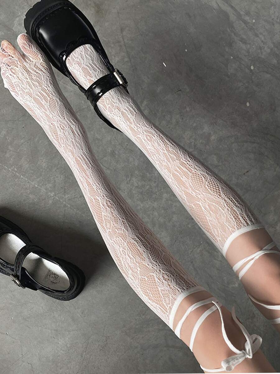 1双女士蝴蝶结蕾丝腿套，优雅时尚，亲肤舒适 - 白色 - 查看 1