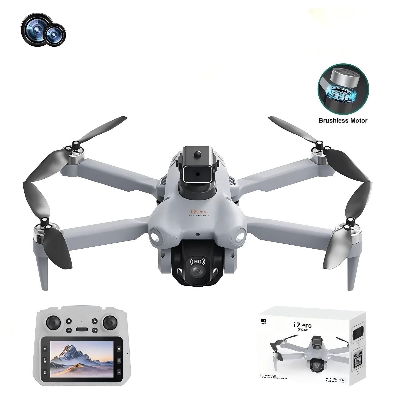 Drone i7 Pro Con Dos Cámaras 720P Control remoto de pantalla 2 baterías Cámara ajustable eléctricamente a 90 grados Dron