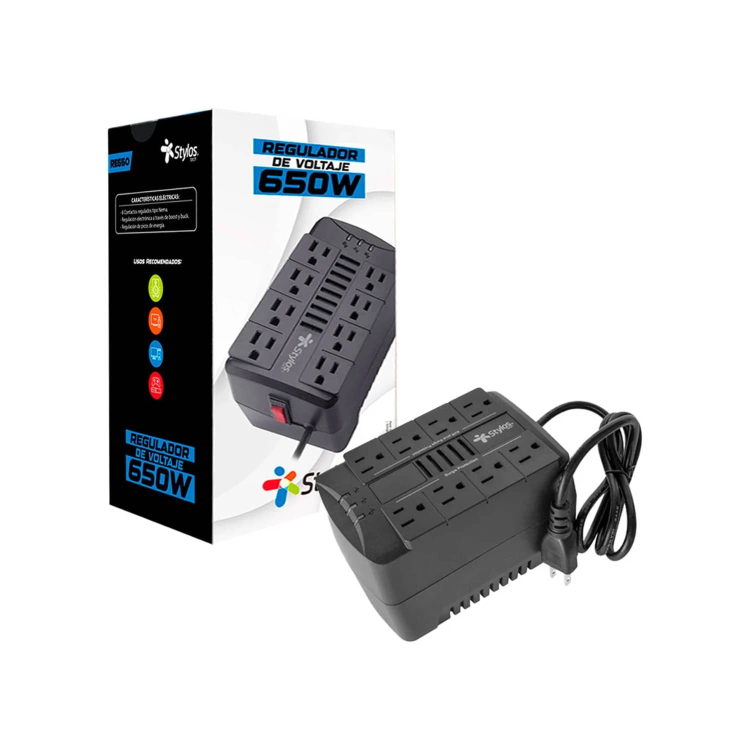 Regulador de Voltaje 650VA Stylos 8 Contactos Protección contra Picos y Variaciones de Energía para Electrónicos y Computadoras - Tipo de Enchufe A USA (110-127V) - Ver 1