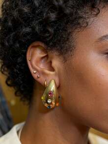 金色水滴形水晶耳钉，时尚饰品，女士礼物 - 金白色 - 查看 2