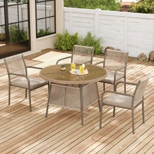 Modern Rattan Garden Furniture Set, Round Glass Table + 4 Armchairs, Iron Frame, Ideal For Patio / Balcony / Terrace - C - View 9