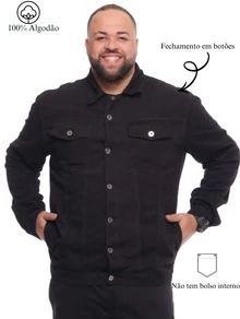 Men's Plus Size Black Twill Jacket With Button Closure, Casual Style. - Black - View 2