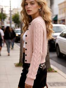 Pink Cable Knit Gentle Sweet Cropped Cardigan, Casual Button Up Sweater For Daily & Dating - Pink - View 2