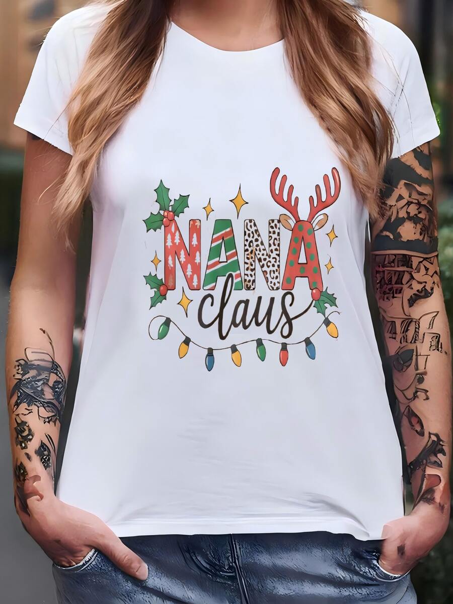Nana Claus Navidad Camisa De Flanel Blanqueada Luces Navideñas Cornucras De Reno Festivas Top A Cuadros Camiseta - Blanco - Ver 1