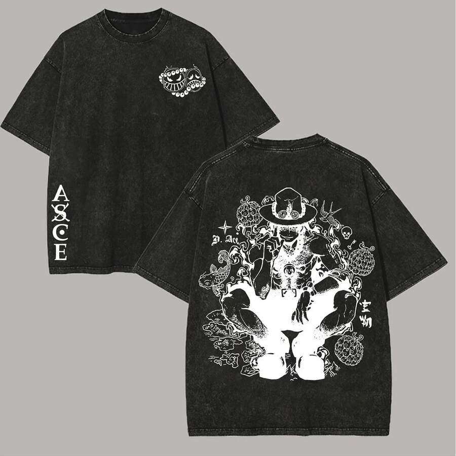 One Piece Portgas D. Ace Vintage Washed Light Grey Oversized T-Shirt With ASCE Logo & Black Line Art Graphic Print For Anime Enthusiasts, Anime Shirt, Mens Clothes, Mens T Shirts, Y2k Clothes, Unisex Casual Streetwear Japanese Anime T-Shirts - 黑色 - 查看 1