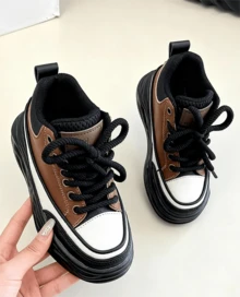 EUR 26-37 Sizes Kids Platform Sneakers, Brown White Black Color Block Design, High-Top With Thick Non-Slip Rubber Sole, Casual Fashion Shoes For Boys & Girls, Perfect For School, Daily Wear, And Outdoor Activities - 棕色 - 查看 2