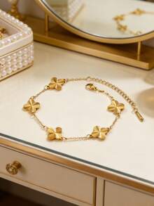 1pc Elegant Stainless Steel Chain Bracelet With Embossed Four-Leaf Flower Decor, Suitable For Women's Daily Wear Or As Gift - Yellow Gold - View 7