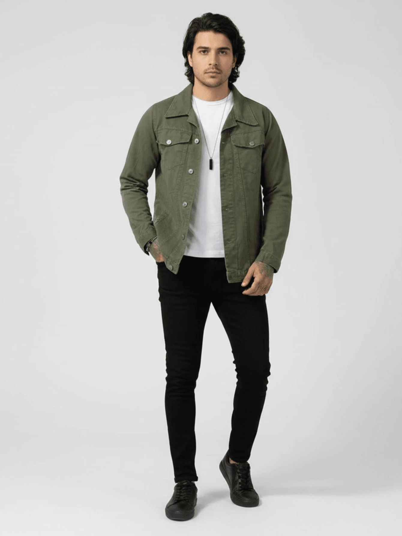 Men's Denim Jacket With Iron Button Closure, Military Green - xanh quân đội - Xem 1