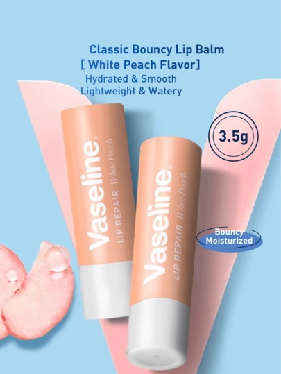 Vaseline 3.5克经典保湿润唇膏，蜜桃味 - 滋润柔滑，轻盈保湿，质地柔软丝滑，蕴含精选蜜桃精华，采用7步高级工艺精心打造，深层滋养双唇，每日使用，令双唇饱满丰盈。