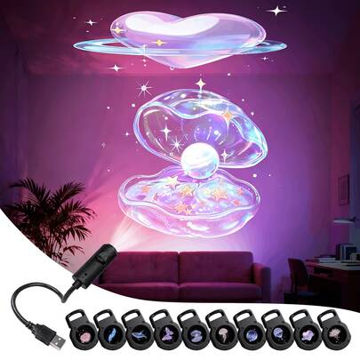 3/6/10pcs Pattern LED Projector Light, USB LED Projector, 360° Rotating LED Dream Projection Night Light, LED Projector With Rose, Whale, Butterfly, Cloud, Heart, Planet, Feather Designs, USB Powered, Suitable For Room, Bedside, And Ceiling Decor