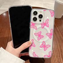 Mariposa rosa calada Funda para teléfono impresa, paquete individual, material transparente de TPU + PC, compatible con carga inalámbrica magnética, a prueba de golpes, resistente a rayones, compatible con iPhone 17 Pro Max/17/17 Pro/17/11/12/12 Pro/12 Plus/13/13 Pro/13 Plus/13 Pro Max/14/14 Plus/14 Pro/14 Pro Max/15/15 Plus/15 Pro/15 Pro Max/16/16 Plus/16 Pro/16 Pro Max/16e, S25 Ultra/S24 Plus/S23+/S22/A35/A55/A15/A16/A36/A56/A26/A54/S25 Edge - transparente - Ver 3