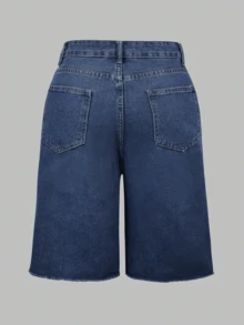 Damen Y2K Streetwear Bermuda Shorts, Vintage Seitentaschen, ausgefranster Saum Weites Bein Jeans Shorts, bequeme knielange Casual Urlaubs Shorts Sommer - dunkelblau - Übersicht 6
