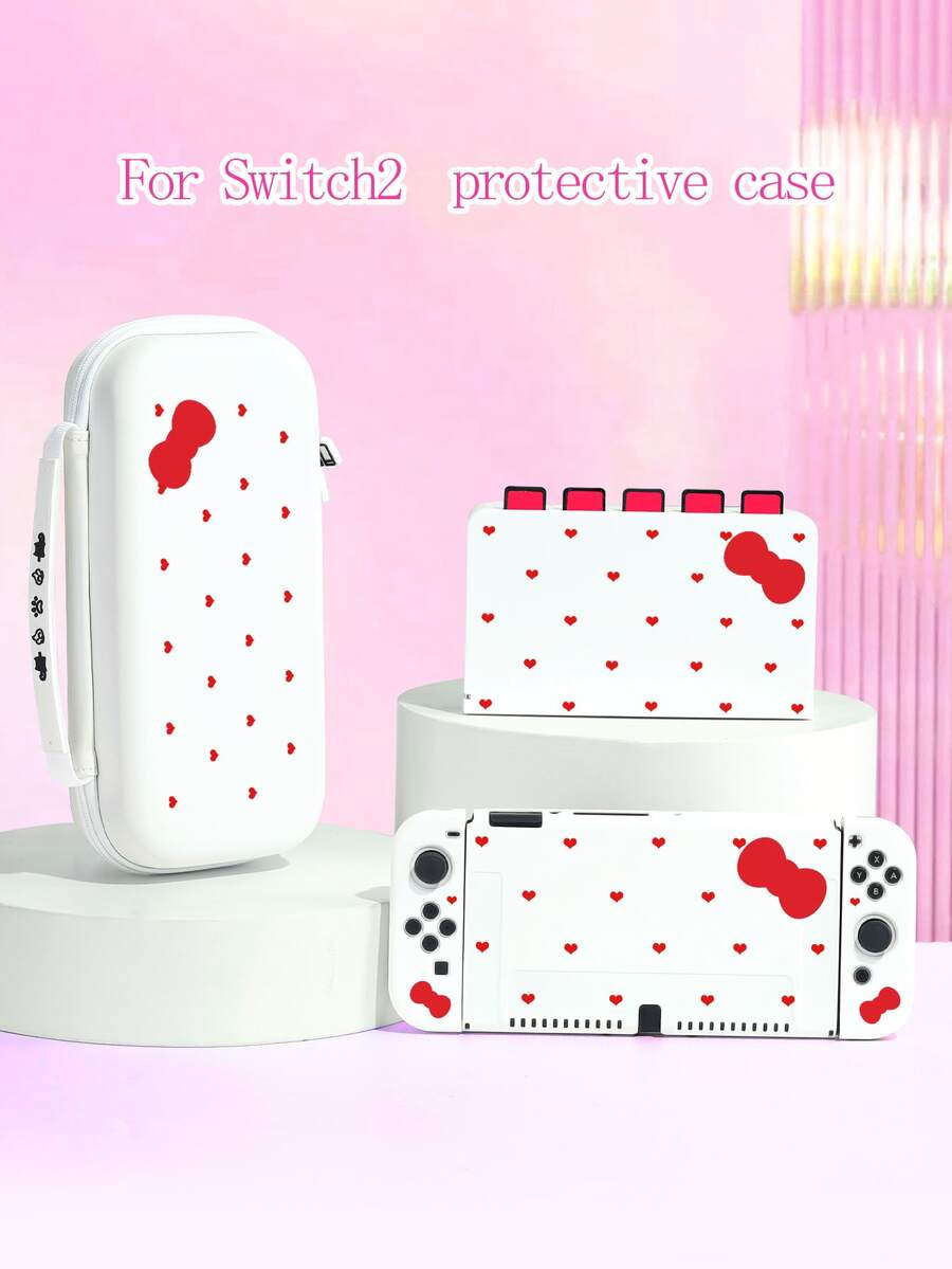 1pc Red Heart-Shaped, Bowknot Pattern Protective Case/Cover, Compatible With Switch2, Switch NS, Switch OLED, Switch Lite, Accessories For Switch2/Switch, Full Set Including Storage Bag, Game Card Case, Best Gift For Switch Players - Multicolor - View 1