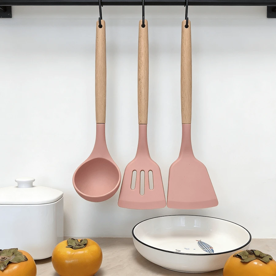 3pcs Premium Silicone Kitchen Utensil Set: Thick Silicone Spatula, Ladle And Spoon With Wooden Handle, Heat Resistant And Non-Stick, Suitable For Global Kitchens - Multicolor - View 1