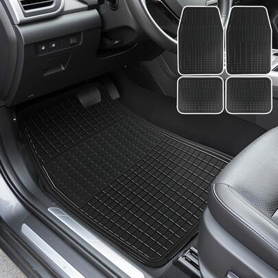 Conjunto de 4 tapetes antiderrapantes de PVC para carro, resistentes, com faixas antiderrapantes e cantos arredondados. Tamanho universal para caminhonetes, SUVs e sedãs, adequados para todas as estações do ano. Após o recebimento, deixe arejar por 2 a 3 dias para eliminar qualquer odor.