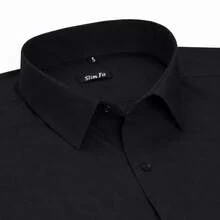 Men's Short-Sleeve Dress Shirt, Slim Fit, Plain, With Pocket - 黑色 - 查看 3
