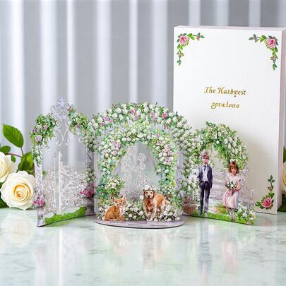 1pc Of Romantic White Rose Wedding Pop-Up Greeting Card, Featuring An Elegant Floral Design With Sparkling Paper, Includes White Roses, Bride And Groom, And Pets Like Cats And Dogs For Wedding Parties. It'S Perfect For Occasions Such As Weddings