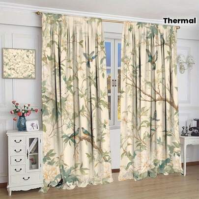 2PCS Multi-Color Birds And Blooming Florals On Tree Branches Vintage Pastoral Thermal Printed Curtains, 100% Polyester Fabric, Rod Pocket Style, No Lining, 90gsm, 180cm Width, Ideal For Bedroom, Living Room, Dining Room, Bathroom, Outdoor Curtains