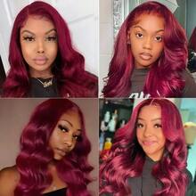 酒红色 99J 蕾丝前假发 - 13x4 200% 密度水波纹蕾丝前额假发，预先拔毛，带婴儿发，高清蕾丝，女士款（26 英寸，13x4 水波纹蕾丝前额假发） - SBUG - 查看 6