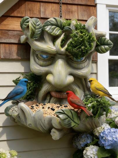 Creative Mushroom/Tree Spirit/Gorilla/Banana Shaped Bird Feeder Outdoor Waterproof Resin Hanging Feeder Yard Garden Tree Bird Attracting Decorative Ornament