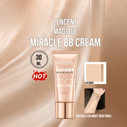 L’Oreal Paris LUCENT MAGIQUE 奇迹BB霜（新品）#10 象牙白 30毫升/1.01液体盎司，SPF 50+ | PA+++，适合大多数肤色，三合一保湿防晒妆前乳，轻盈自然水润妆效，遮盖瑕疵，缩小毛孔，提亮肤色，易于卸妆，适合初学者、学生、上班族、通勤族、聚会、打造自然妆容，也是送给朋友/女朋友的绝佳礼物。