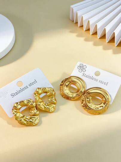Stainless Steel Earrings, Round Gold-Plated Jewelry, Ladies' Earrings, Pendant-Style Ear Studs, Geometric-Shaped Earrings, Large Hoop-Shaped Earrings, Bamboo Pattern, Semi-Circular, Hexagonal, Square, Round, Irregular Shape, Butterfly Shape. These Sturdy And Low-Allergy Earrings Are Specially Designed For Sensitive Ears And Are Charming Accessories For Ladies. Middle Eastern Fashion Accessories, Ramadan Decoration Accessories And Accessories, Party And Festival Gifts (2 Pairs)
