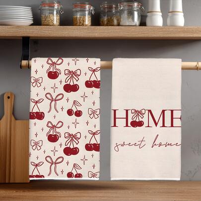 2 chiếc khăn lau bếp họa tiết nơ đỏ và quả anh đào "Ngôi nhà ngọt ngào", chất liệu polyester mềm mại, thích hợp để trang trí nhà bếp, lau dọn, trang trí tiệc tùng, đồ dùng thiết yếu cho nhà bếp và phòng tắm, trang trí nhà cửa, quà tặng tân gia.