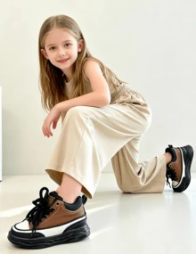 EUR 26-37 Sizes Kids Platform Sneakers, Brown White Black Color Block Design, High-Top With Thick Non-Slip Rubber Sole, Casual Fashion Shoes For Boys & Girls, Perfect For School, Daily Wear, And Outdoor Activities - 棕色 - 查看 4