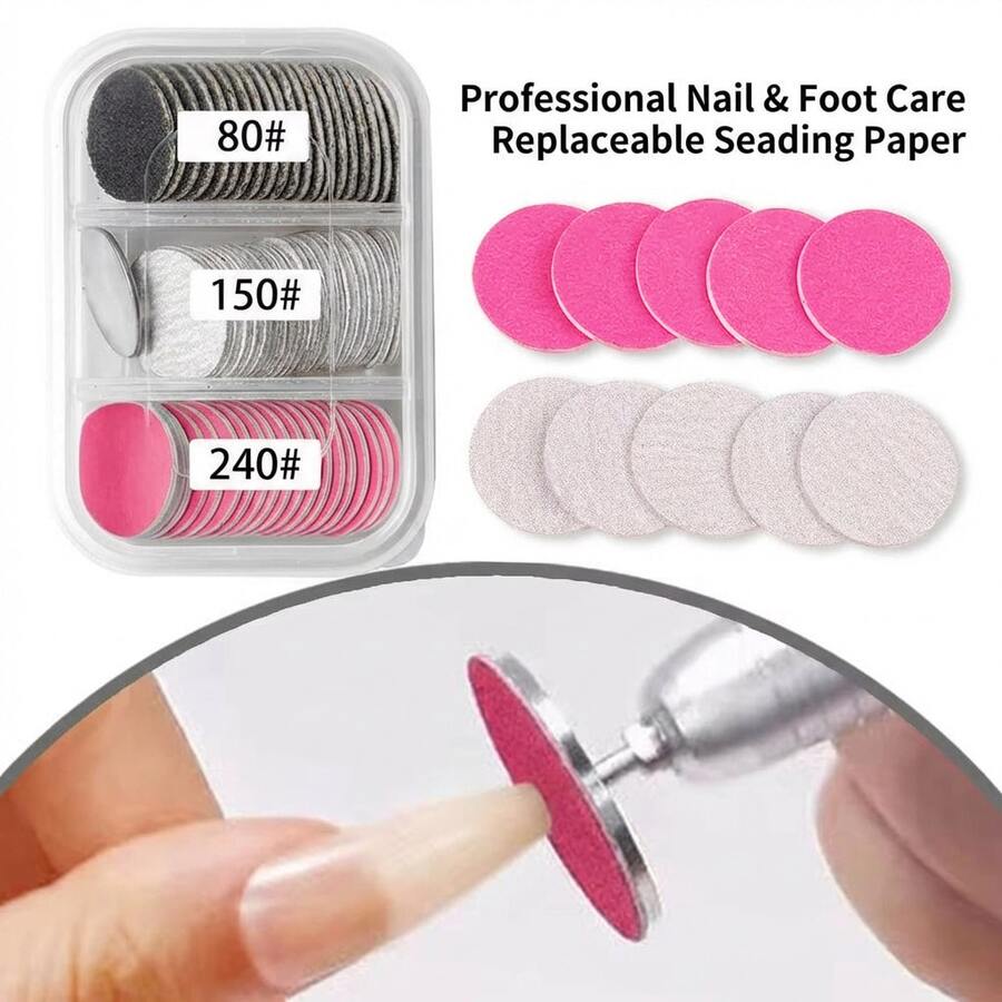 Nasin 60 piezas de discos de papel de lija reemplazables con disco de metal, lima de uñas y pulidor de color rosa, accesorios para el cuidado de los pies - Multicolor - Ver 1