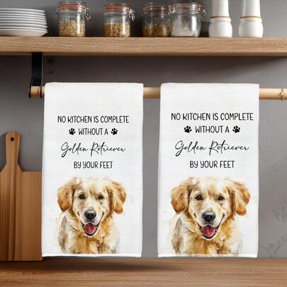 2pcs Minimalist Daily Pet Golden Retriever Pattern Kitchen Towels, Soft Polyester Material Dish Cloths, Suitable For Kitchen Decor, Cleaning, Holiday Party Decoration, Kitchen & Bathroom Essentials, Home Decor, Housewarming Gift