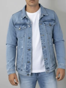 Men's Denim Jacket With Iron-On Button Closure, Medium Wash - 藍色 - 查看 2