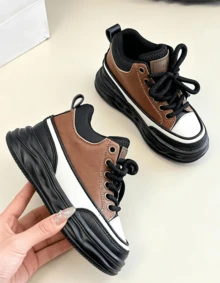 EUR 26-37 Sizes Kids Platform Sneakers, Brown White Black Color Block Design, High-Top With Thick Non-Slip Rubber Sole, Casual Fashion Shoes For Boys & Girls, Perfect For School, Daily Wear, And Outdoor Activities - 棕色 - 查看 1