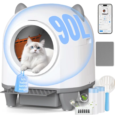  DEVOKO 90L Self-Cleaning Cat Litter Box – Automatic, Pet-Friendly Cat Litter Box With Cute Ear Design, 8.5-Liter Collection Container & App Control